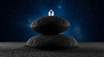 Poster - Stones and decorative stones arranged in a stack with a crystal on top against a dark starry background