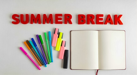 Poster - Stationery supplies and summer break theme with colorful markers and an open notebook