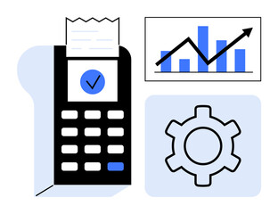 Poster - payment terminal prints receipt, bar chart shows growth trend, and gear represents optimization. ide