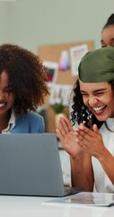 Aufkleber - Laptop, business woman and applause for celebration, success and startup funding. Achievement, excited workers and team clapping for good news, fashion prize and cheers for goal in creative office