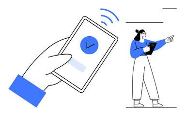 Poster - hand holding phone with checkmark indicating completion, person pointing while holding tablet. ideal