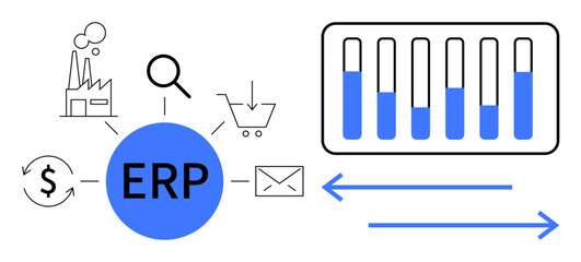 Poster - central erp hub connected to factory, magnifier, cart, dollar icon, email bar graph with data flow a