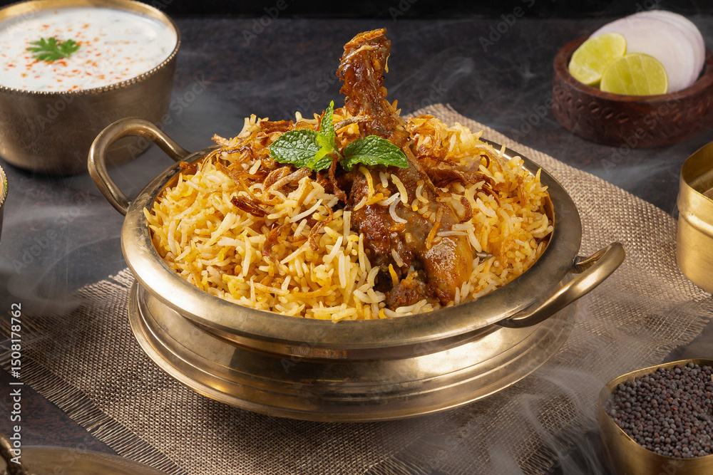 Dum Raita Authentic Hyderabadi Chicken Dum Biryani in a Traditional Brass Pot ...