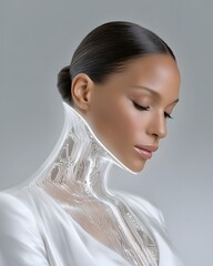 Poster - Futuristic fashion portrait of a woman in a translucent nano-fabric bodysuit with embedded circuit patterns, surrounded by a floating augmented reality interface, glowing city skyline in the