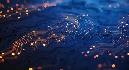 Poster - Illuminated Circuit Board Close Up Abstract Technology Background with Glowing Traces and