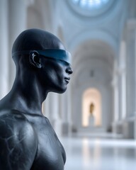 Poster - Post-human evolution portrait of a being with crystalline skin and luminescent eyes, an ethereal fusion of organic and synthetic life, standing in a futuristic glass temple, hyper-detailed, surreal