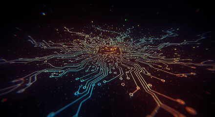 Poster - Abstract Circuit Board Technology Background Glowing Lines and Particles