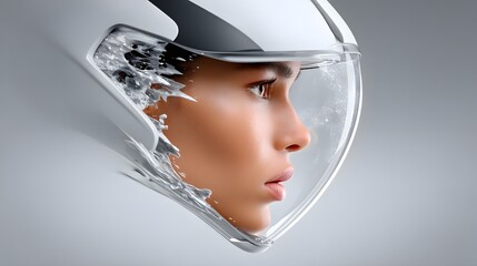 Poster - Close-up portrait of a genetically enhanced astronaut with a sleek, high-tech helmet displaying real-time planetary data, deep-space reflections, hyper-detailed textures, cinematic sci-fi aesthetic