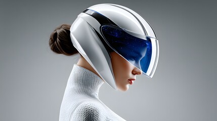 Poster - Close-up portrait of a genetically enhanced astronaut with a sleek, high-tech helmet displaying real-time planetary data, deep-space reflections, hyper-detailed textures, cinematic sci-fi aesthetic