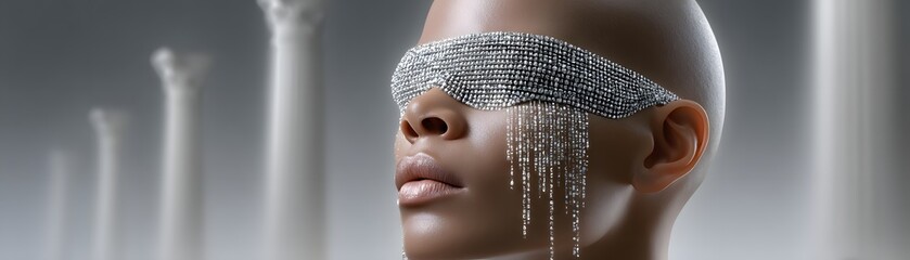 Poster - Ethereal futuristic oracle with a shimmering data veil cascading from their face, standing in a grand temple of quantum light, surreal sci-fi fantasy, hyper-detailed textures
