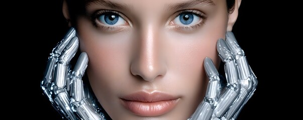 Poster - AI-infused celebrity with a perfectly symmetrical, artificially enhanced face, flawless cybernetic beauty, glowing LED tattoos, high-fashion sci-fi concept, ultra-detailed professional portrait