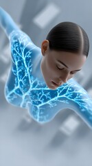 Poster - Otherworldly alien-human hybrid with bioluminescent markings and elongated, cyber-enhanced limbs, floating in a gravity-defying cityscape of the future, surreal sci-fi portraiture