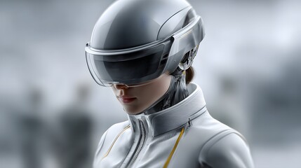 Poster - Futuristic portrait of a cyber-enhanced human with glowing neon tattoos, sleek metallic implants, and an AI-powered visor, set against a high-tech metropolis with holographic billboards and flying
