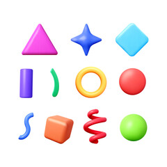 Poster - Set of different 3d geometric shapes in various colors. Abstract basic design elements for presentation, game, or educational concept.