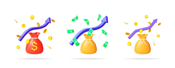 Poster - 3d vector illustration set of money bags with finance arrow for currency growth. Financial income investment and business success concept.