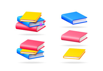 Poster - Set of 3d vector illustrations of colorful books. Education, knowledge, school, reading, and learning concept for web design or graphic asset.
