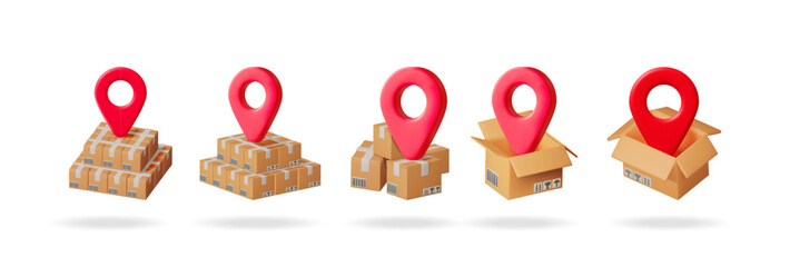 Poster - Set of 3D vector illustrations of cardboard delivery boxes with red location pins, concept for shipping and tracking.