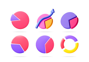 Poster - 3d vector illustration set of colorful pie charts with one showing an increasing arrow for business data visualization.