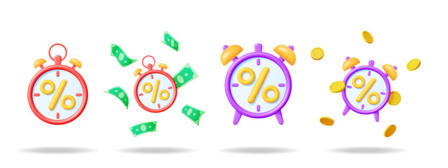 Poster - Discount and special offer concept with 3d alarm clock and flying money. Time sale promotion and limited deals.
