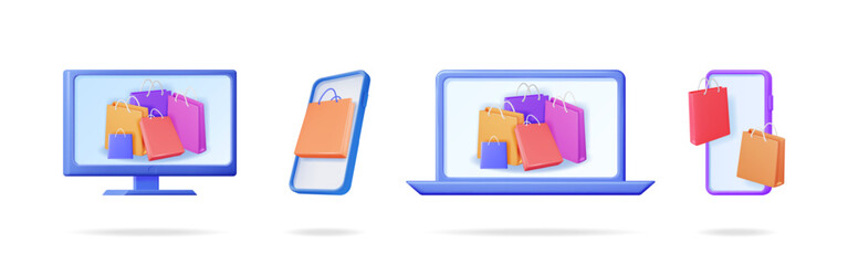 Poster - Online shopping application on electronic devices. Digital commerce concept with shopping bags. Ecommerce purchasing via computer, laptop and smartphone.