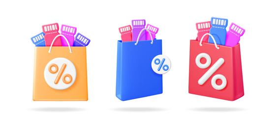 Poster - Three shopping bags with discount coupon and percent sign. Online shopping promotion concept. Marketing campaign. 3d vector illustration set.