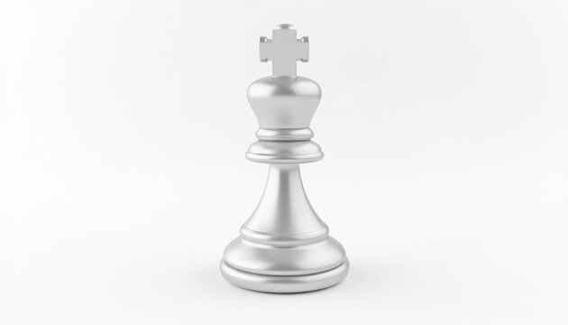 Elegantly rendered silver king chess piece reflecting strategy leadership and single object against a pristine white backdrop for creative applications