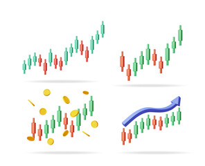 Poster - Set of 3d financial candle chart graphs with upward trending arrows and falling coins. Stock market analysis for investment and trading.
