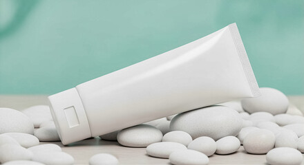 Poster - Cream tube on smooth pebbles with skincare products for a calming aesthetic