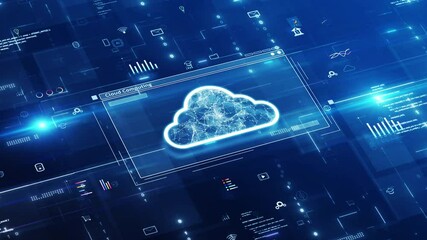 Leinwandbilder - Cloud computing technology concept. Glowing icons representing database storage connection on internet network, surrounded by interface elements and abstract binary code on dark blue background.