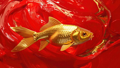 Poster - A golden goldfish swims through swirls of vibrant, glossy, red liquid paint.