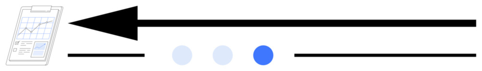 Poster - clipboard with charts, bold arrow pointing left, and three circular indicators representing progress