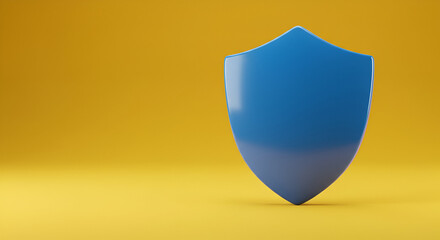 Poster - A vibrant, glossy blue shield icon against a mustard-yellow backdrop. Ideal for marketing and website design that conveys security and trust.
