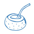 © Ellen7 - Hand drawn blue coconut in doodle style. Mediterranean summer icon, element for italian menu, wedding, print, invitation. Ink sketch design of summer beach. Flat tropical minimalist vector illustratio