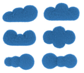 Wall Mural - Cartoon blue clouds from fur or felt material. 3d illustration of cute soft child toy. Realistic creative funny render element.