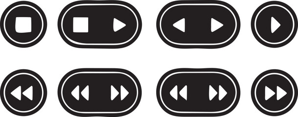 Aufkleber - Media player button icons, play, pause, rewind, fast forward, stop, mute, volume, repeat, shuffle, minimalist, flat design, black and white, vector, audio controls, video controls, playback symbols
