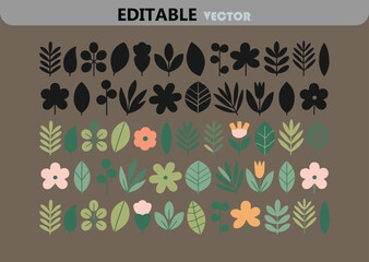 Poster - Vector Illustration of Flowers and Leaves in Black Silhouettes and Pastel Colors on a Brown Background for Pattern Design