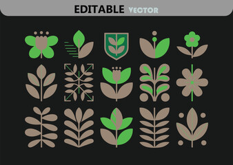 Poster - Collection of Decorative Floral and Botanical Elements with Green and Brown Color Palette on a Black Background Editable Vector Illustration