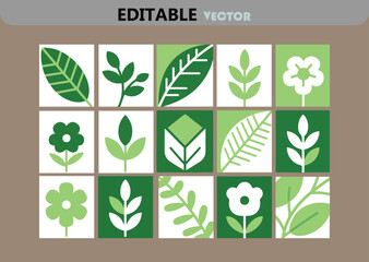Poster - Collection of Botanical Vector Icons in Green and White Square Tiles Editable and Scalable for Various Design Projects and Creative Applications