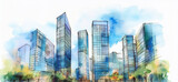 Watercolor art painting city scape Isolated or white background. Modern flat design. Futuristic technology concept. design illustration.