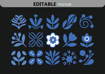 Poster - Collection of Blue Botanical Vector Illustrations on Black Background Featuring Flowers Leaves and Berries Perfect for Graphic Design