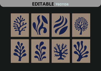 Poster - Set of Eight Abstract Shapes in Navy Blue on Tan Backgrounds Resembling Plants Seaweed and Coral in a Simple Modern Style