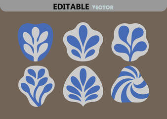 Poster - Six Abstract Floral Shapes in Blue and Gray on a Brown Background Editable Vector Art Design Elements for Creative Projects