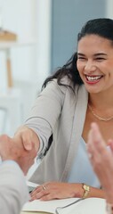 Poster - happy woman, meeting and applause with handshake for interview, deal or agreement at office desk. fe