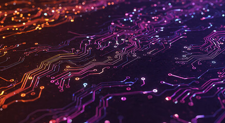 Poster - Abstract Circuit Board Glowing Lines Technology Background Electronic Network Pink Purple Orange