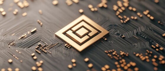 Poster - Golden block on circuit board for cryptocurrency trading. Conceptual image depicting digital money commerce and finance technology. Close view.