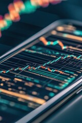 Poster - Digital display shows data graph. Financial market analysis on smartphone screen. Cryptocurrency information for modern trade and banking.