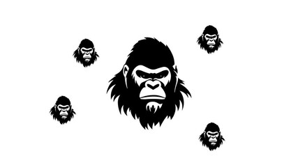 Poster - Zoom in and out animation the gorilla head symbol. Large black symbol in the center and four small symbols around. Seamless looped 4k animation on white background