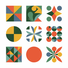 Poster - Collection of nine abstract geometric shapes in muted tones, a concept for branding, website design, and pattern creation