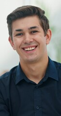 Aufkleber - Happy, office and face of business man with confidence, pride and smile for job opportunity. Professional, corporate and portrait of person in workplace for about us, entrepreneurship and ambition