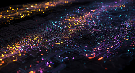 Poster - Abstract Circuit Board with Glowing Neon Lines and Nodes Technology Background